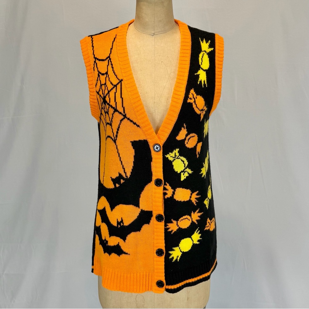Spooky season Halloween knit sweater cardigan vest‎ trick or treat candy bat y2k - Picture 3 of 10